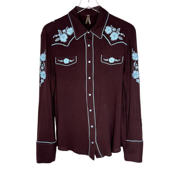Stetson Tops - Stetson Western Snap Button Long Sleeve Blouse Top Floral Embroidered Brown XL